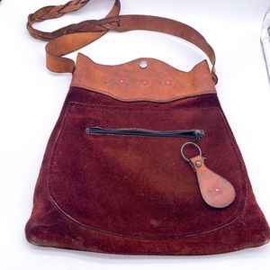 70s Tooled Leather Suede Handbag Purse Painted Flowers